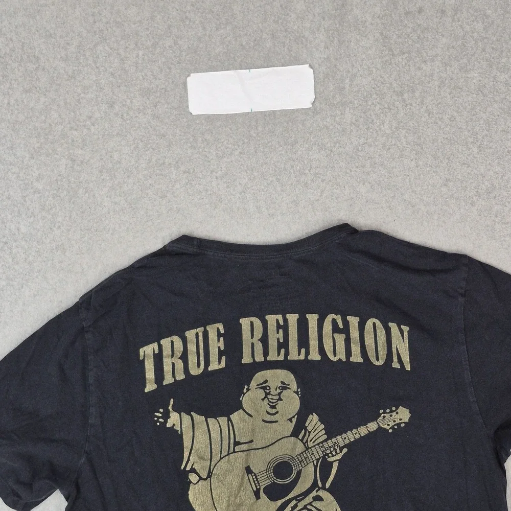 True Religion Men Shirt L/G Black Graphic Buddha Guitar Grunge Logo Short Sleeve